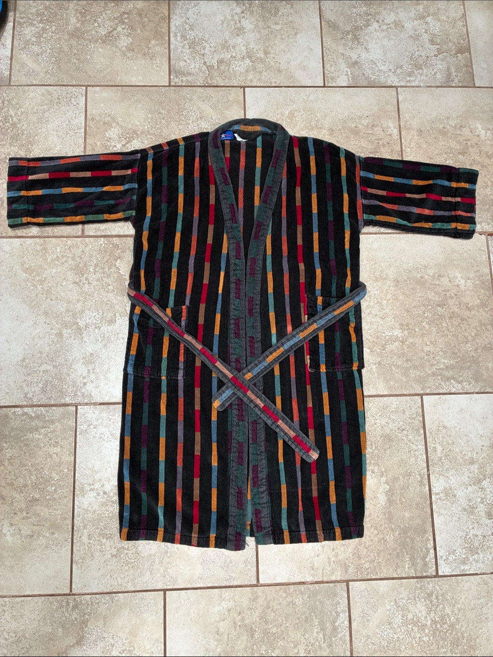 Men's Black Multicolor Stripe Open Robe with Self-Tie Belt